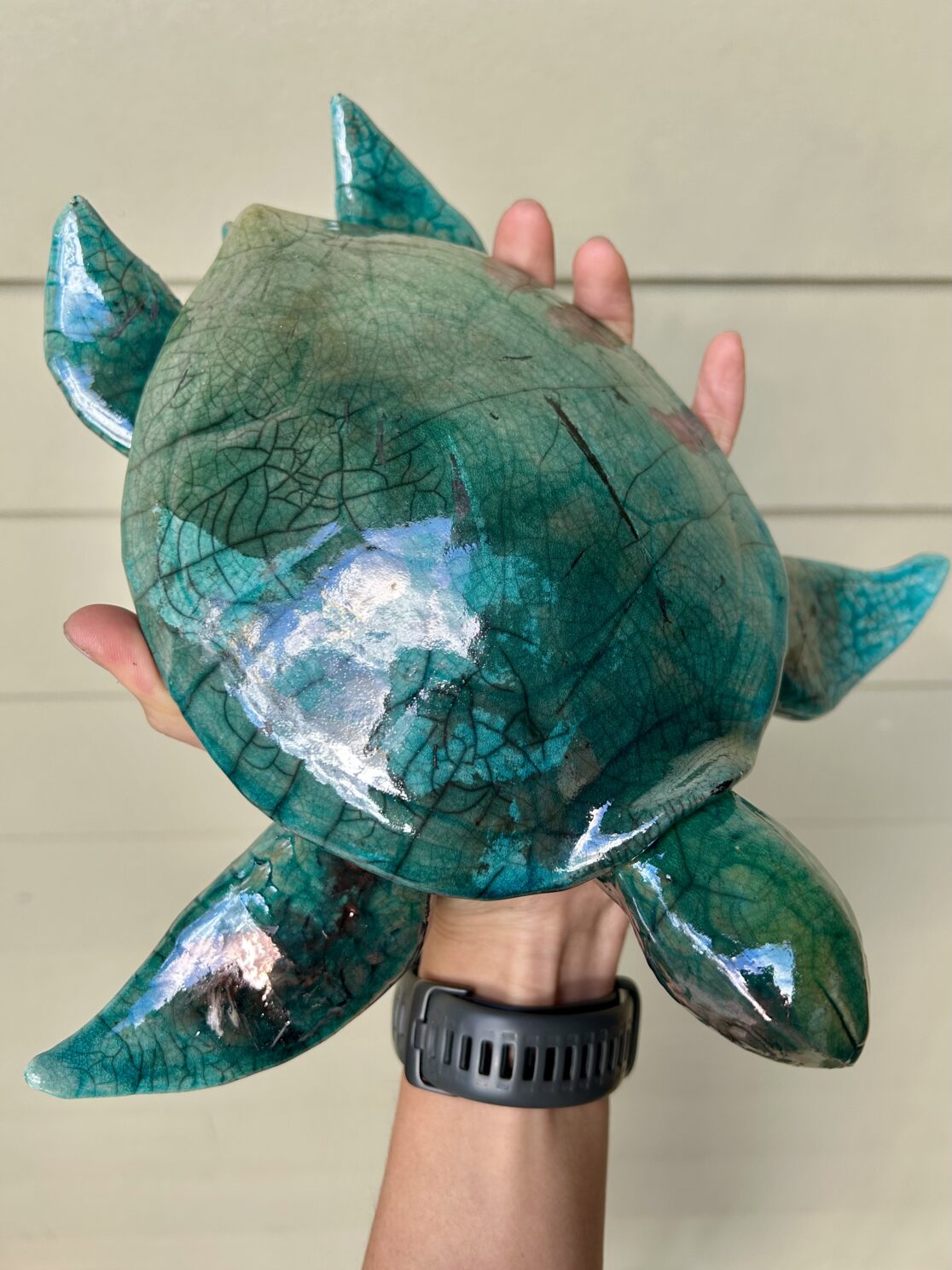 raku fired stoneware sea turtle container