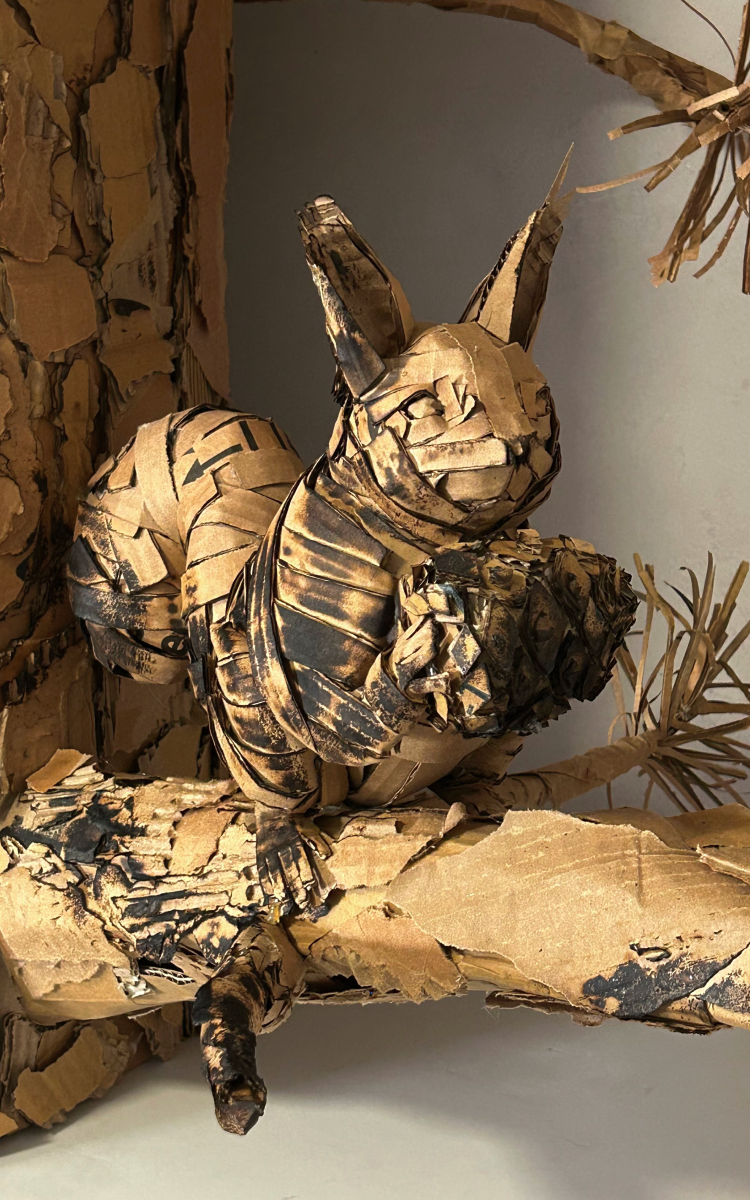 cardboard alberts squirrel on ponderosa pine